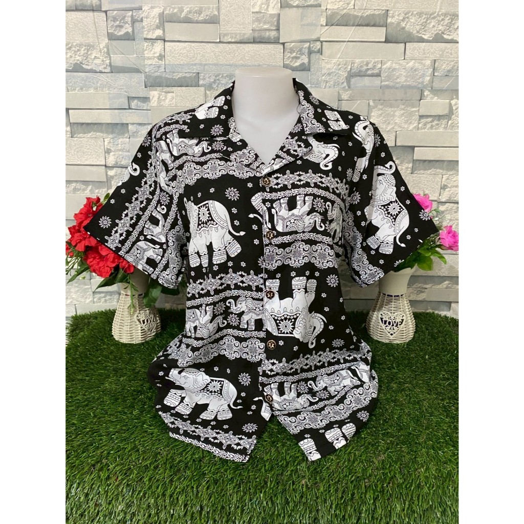 เสื้อสงกรานต์ เสื้อเชิ้ตฮาวาย เสื้อเช๊ตกระดุมหน้า ผ้าสปันคุณภาพสูง ชาย/หญิง ใส่ได้ รุ่น1012