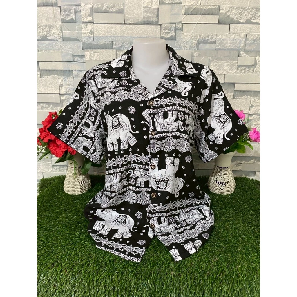 เสื้อสงกรานต์ เสื้อเชิ้ตฮาวาย เสื้อเช๊ตกระดุมหน้า ผ้าสปันคุณภาพสูง ชาย/หญิง ใส่ได้ รุ่น1012