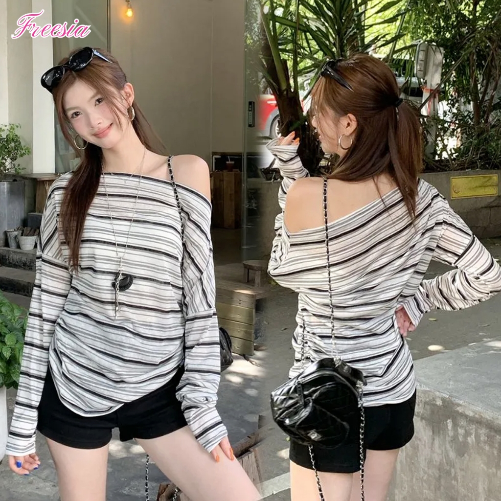 เสื้อยืดแขนยาว เสื้อยืด ป่าดไหล่ ลายทาง แมทช์ง่ายมาก#92419