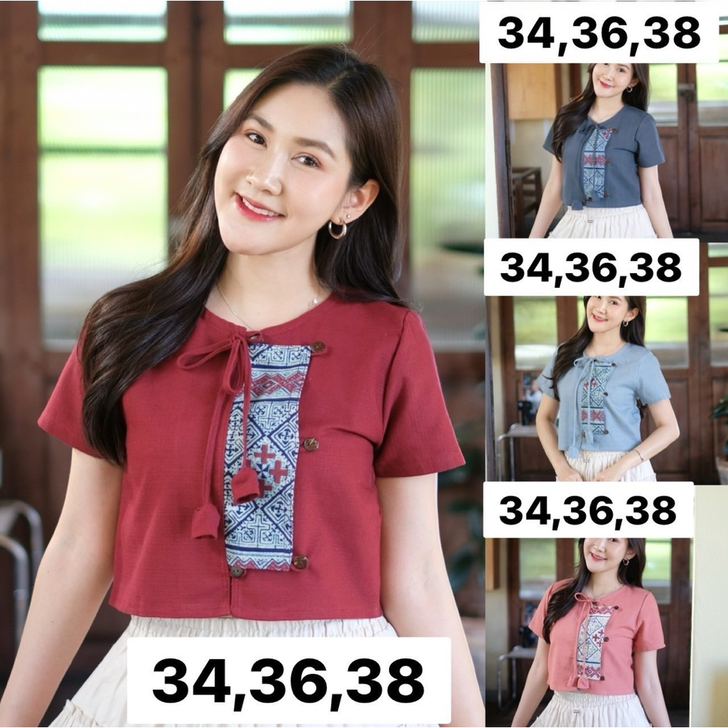 เสื้อผ้าผ้าฝ้ายชินมัย คอกลมป้ายแต่งผูกทิวลิป