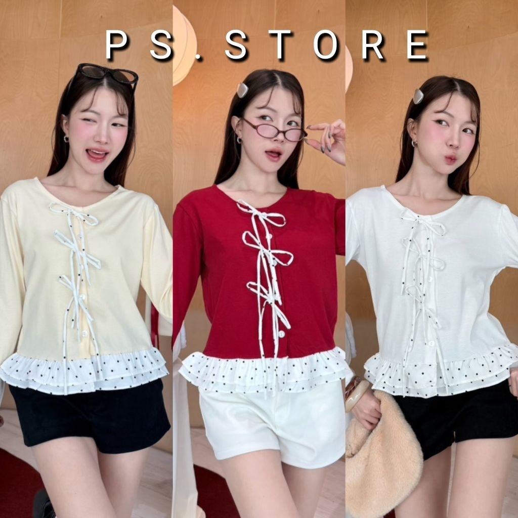 Lita : ️️เสื้อคอกลมแขนยาว ผูกโบว์3ชั้น แต่งชายระบาย2เรเยอร์