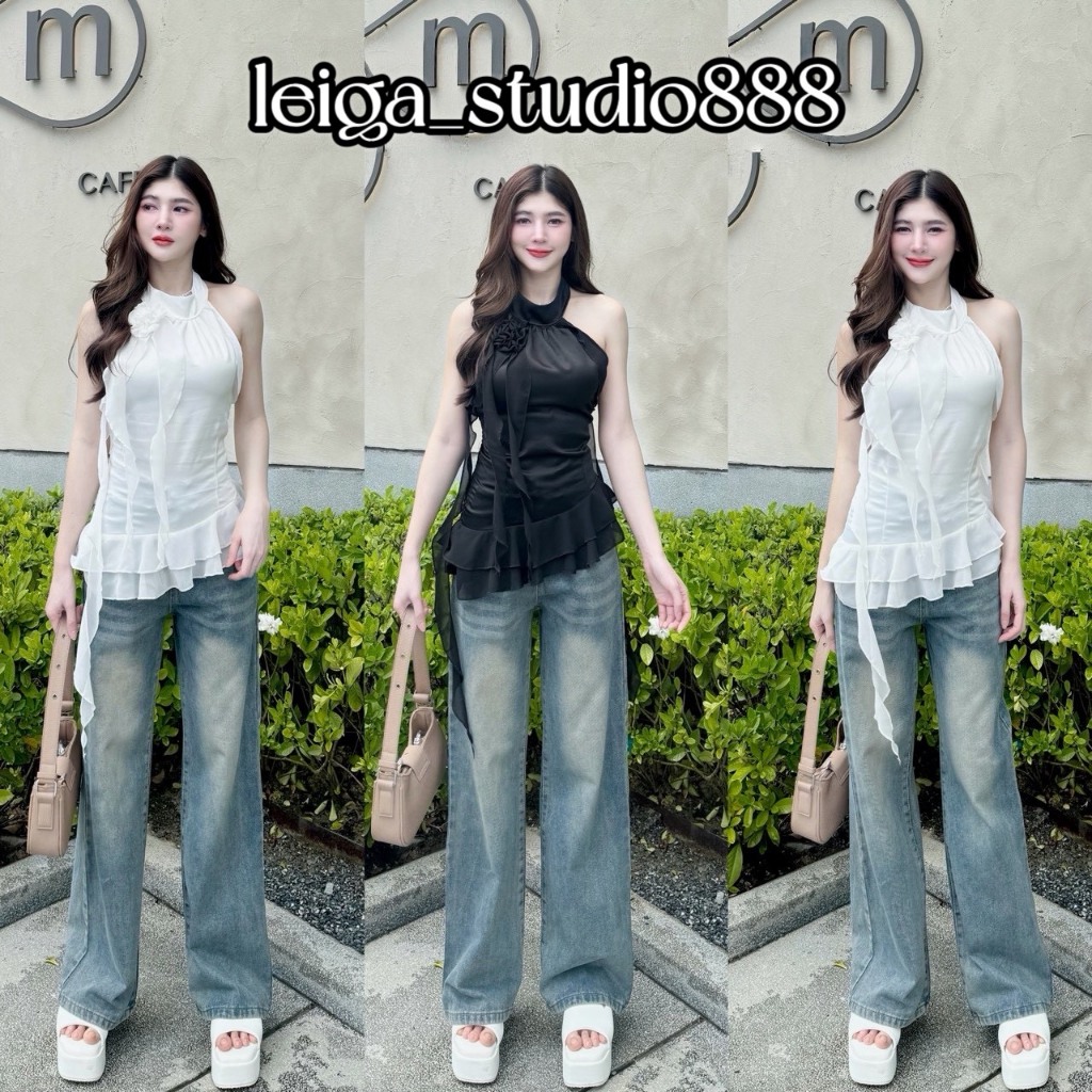 เสื้อคล้องคอ สีพื้น ดีเทลดอกกุหลาบ ผู้หญิง Lady Clothing ผ้าโพลีเอสเตอร์ LG039