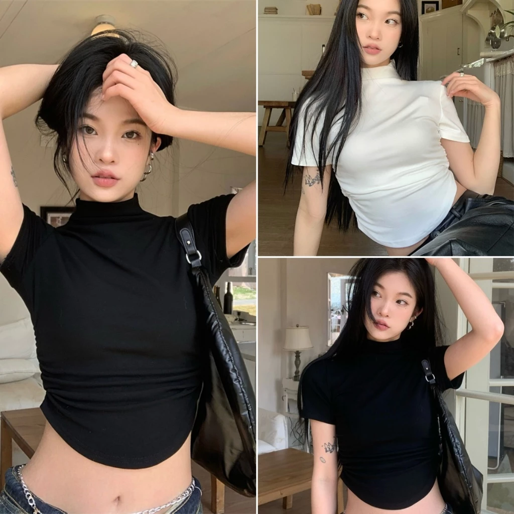 cherryshop🍒พร้อมส่ง เสื้อคอเต่า เสื้อยืดผู้หญิง รัดรูป แขนสั้นคอเต่า แฟชั่น สีพื้น แบบเข้ารูป ผ้าใส่สบาย สไตล์เกาหลี