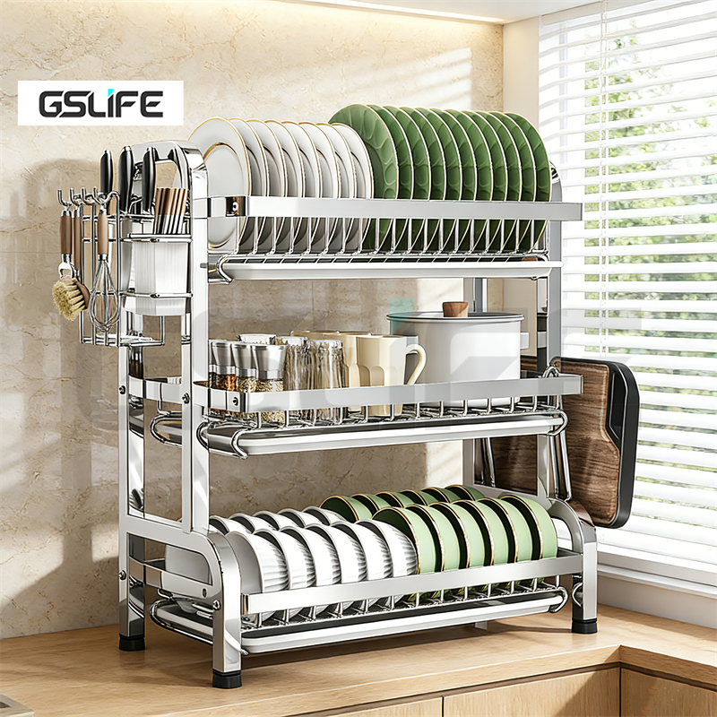 GSlife 2/3-ชั้น ชั้นวางจาน ที่คว่ำจานชามสแตนเลส ทนทาน ชั้นวางของในครัว ฟรีชุดอุปกรณ์ครบชุด