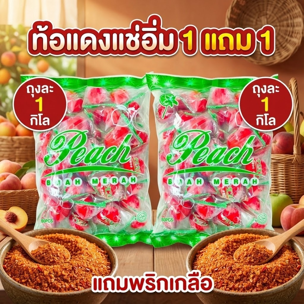 ท้อแดง (ลูกพีชแช่อิ่ม) 1 แถม 1 “ถุงละ1กิโล” (แถมพริกเกลือ)