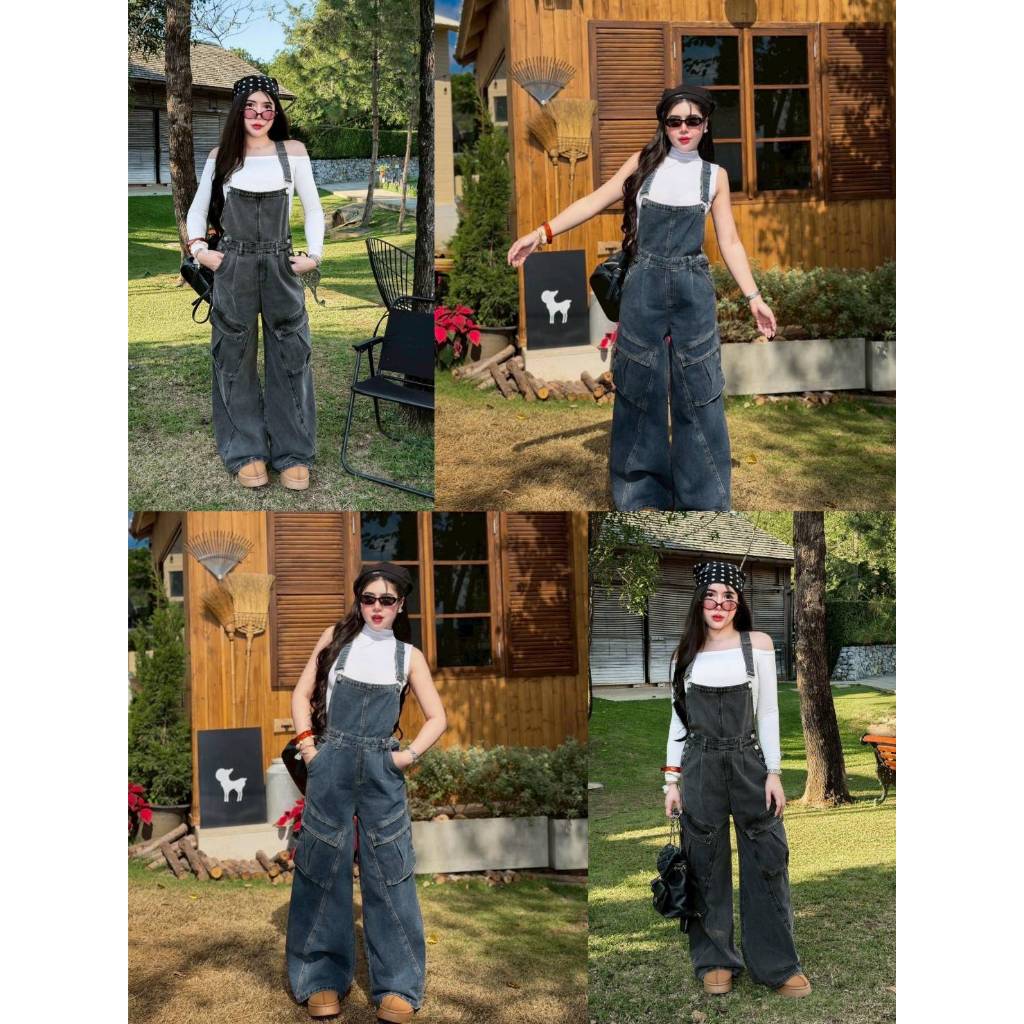WS 3381 "JEANS" เอี้ยมยีนส์ขายาว แต่งกระเป๋าด้านข้าง ผ้าหนา ทรงสวย สายเอี้ยมปรับระดับได้ มีสอง