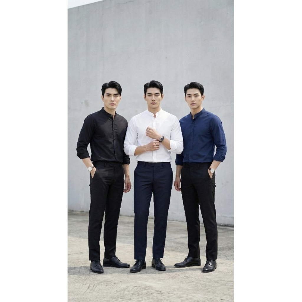 เสื้อเชิ้ตคอจีน   ผ้า Oxford by bonne.chance สีพื้น ขาว / ดำ / กรม