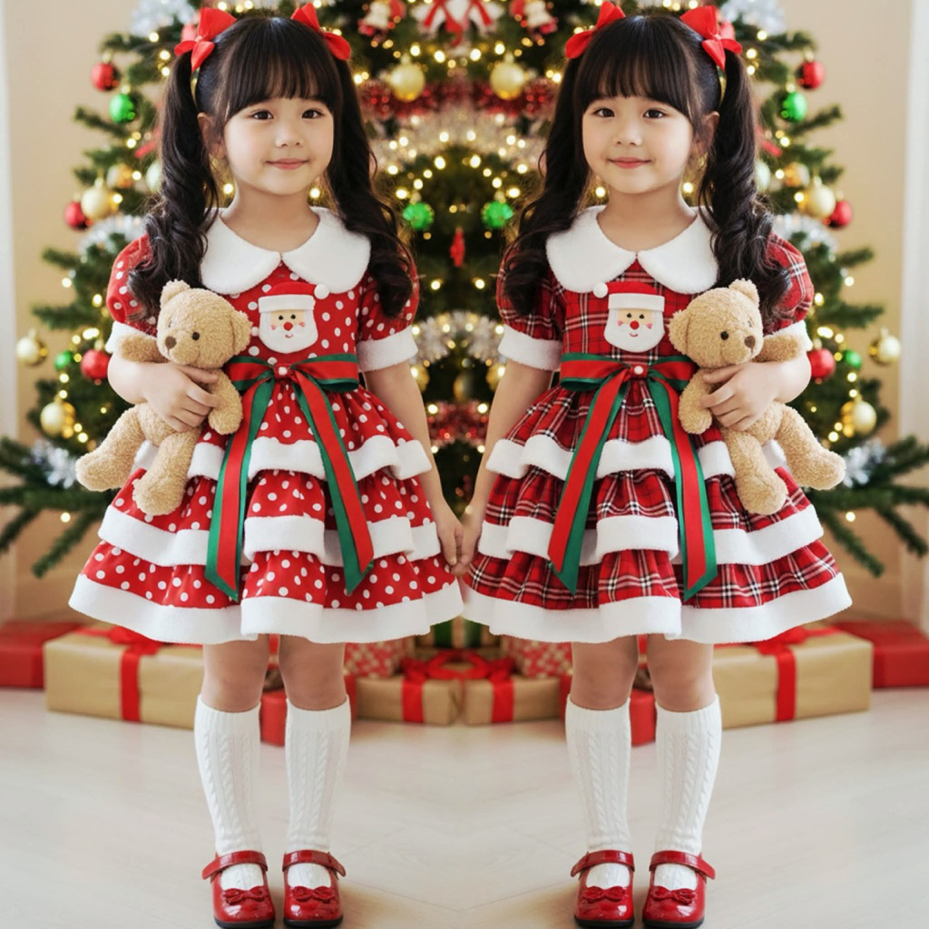 ชุดเดรสคริสมาสต์ คอบัวสีขาว ระบายแต่งขน3ชั้น