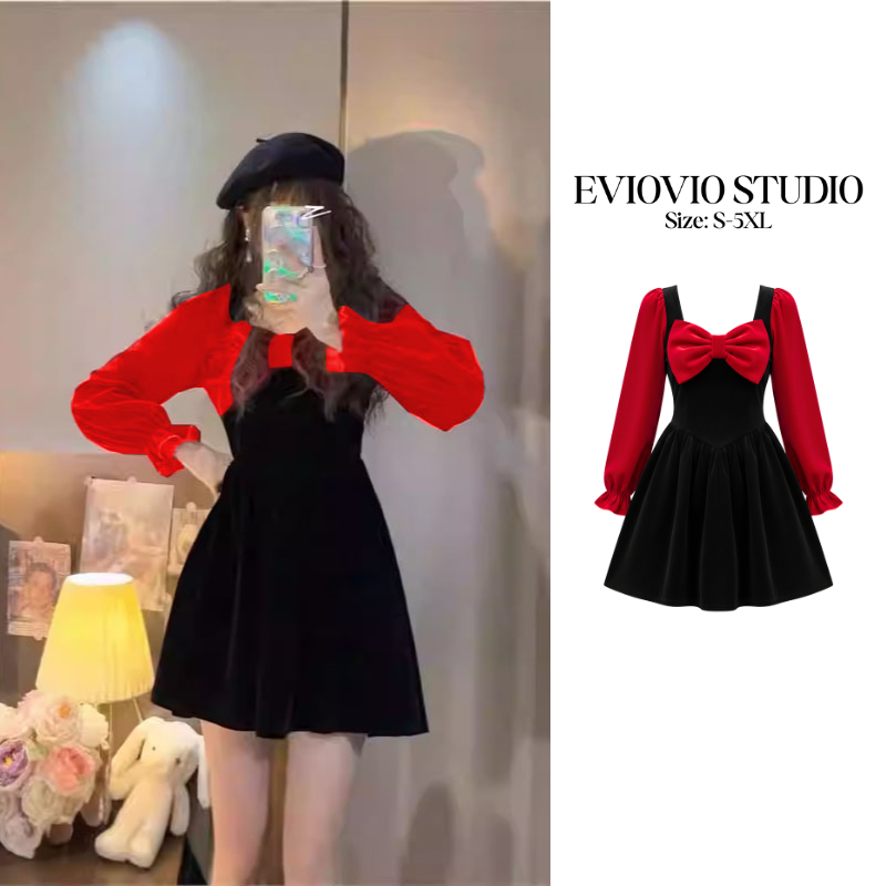 【EVIOVIO】เดรสแขนยาว มินิมอล สีดำตัดแดง ลงตัว เดรสคริสมาส หรือสวมใส่ได้ทุกโอกาส💕S-3XL เดรสสาวอวบ พลัสไซส์