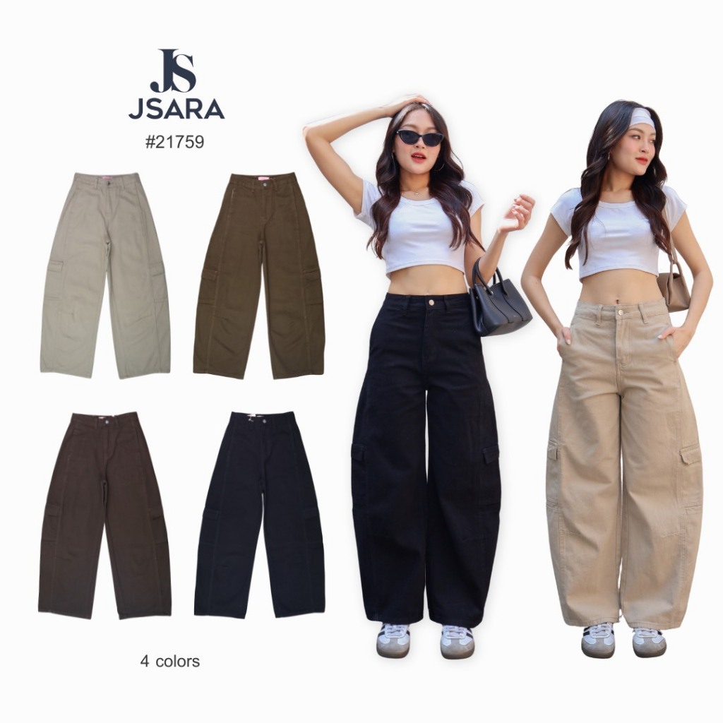 Jsara  กางเกงยีนส์ทรง Barrel packy  มีกระเป๋าข้างขา ผ้าไม่ยืดโทนสีสุภาพ  Unisex พลางหุ่น พลางต้นขาได้ดี รหัส  21759