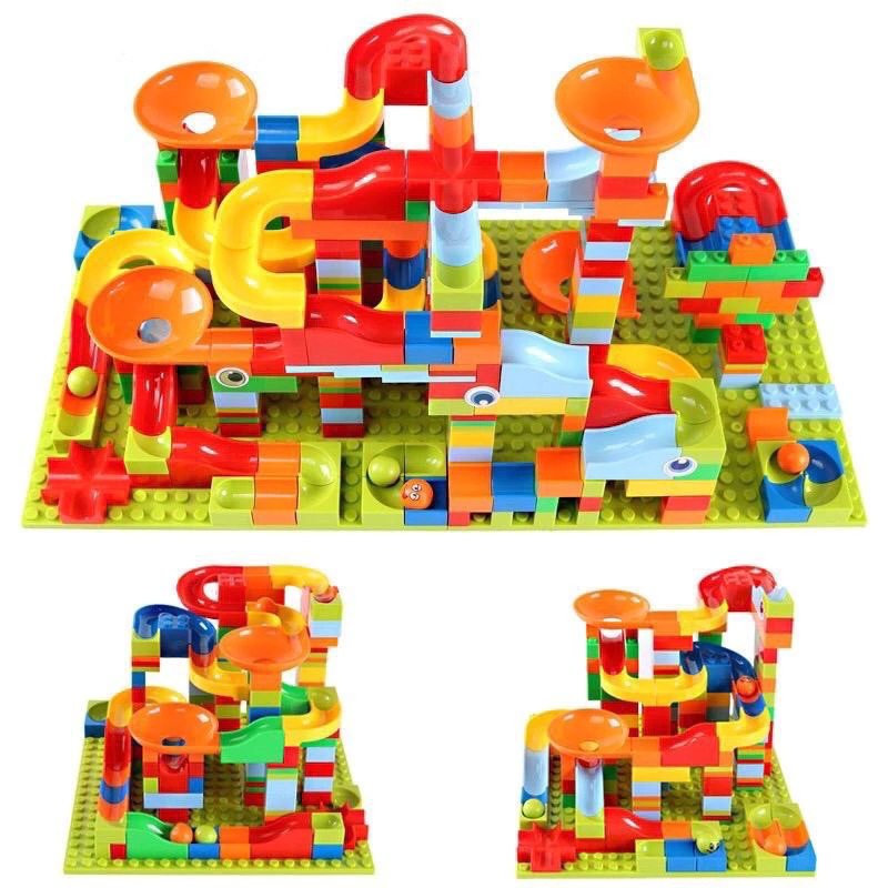 168/336PCS ของเล่นบล็อกรางลูกบอลแข่งกัน เขาวงกต รางลูกบอล ของเล่นบล็อกสไลด์รูปกรวย ของเล่นตัวต่อ DIY