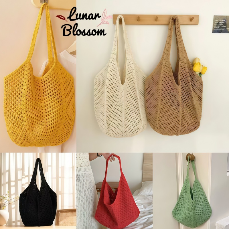 Lunar Blossom🎐🎐กระเป๋าสะพายไหล่สานมือ  กระเป๋าถือสาน  สไตล์ลำลองแบบโปร่ง  ความจุขนาดใหญ่  จัดส่งรวดเร็ว