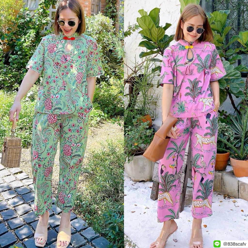 ✅พร้อมส่ง ✅ ชุดเซท2ชิ้น ตรุษจีน เสื้อคอจีน หยดน้ำ อก44“ + กางเกงเอวสม็อค Amcorner