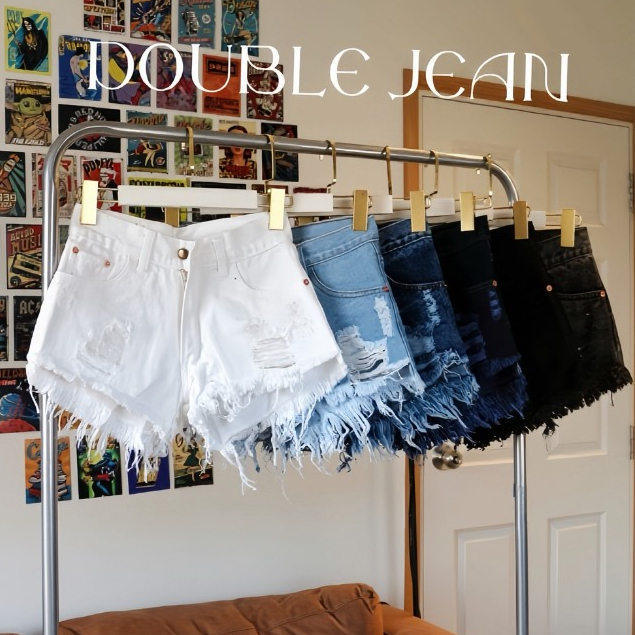 DBJ กางเกงยีนส์ขาสั้นแต่งขาดรุ่ย หน้าสั้นหลังยาว [ S - 4XL]