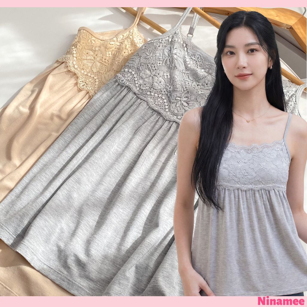 🍒Ninamee สายเดี่ยวลูกไม้ อก30-40" รุ่นเอวระบาย26-40"] เสื้อสายเดี่ยวแต่งลูกไม้ สายเดี่ยวคอลูกไม้ เสื