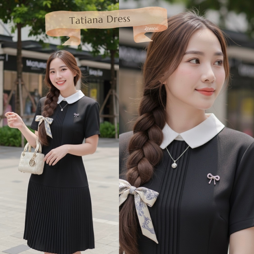 "Romi"Oil" Tatiana Dress (Black) K344 ชุดเดรสสีดำ (คอปกขาว+เข็มกลัดโบว์)