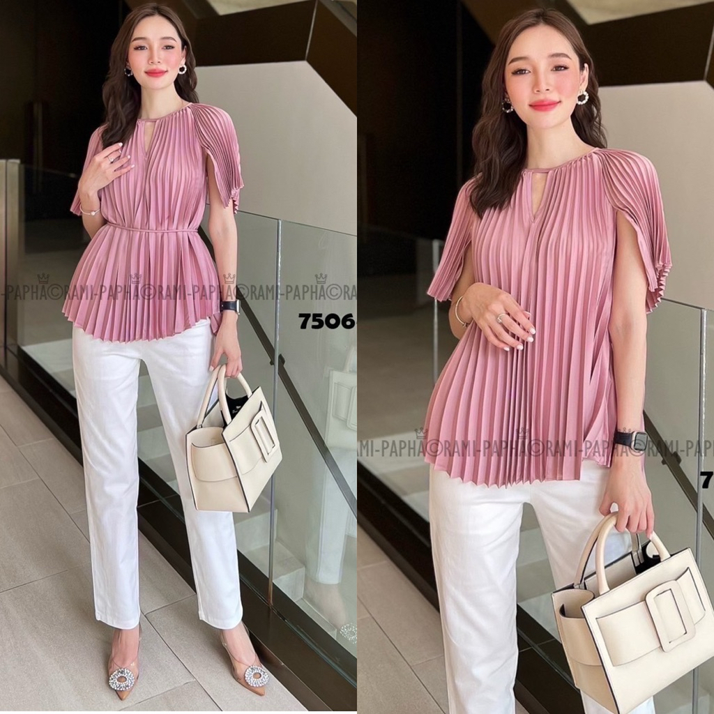 พร้อมส่ง เติม S L⚡️RM 7506 ชุดเซตเสื้ออัดพลีสสีชมพู+ขายาวสีขาว+เชือก สวยหรูโดดเด่น