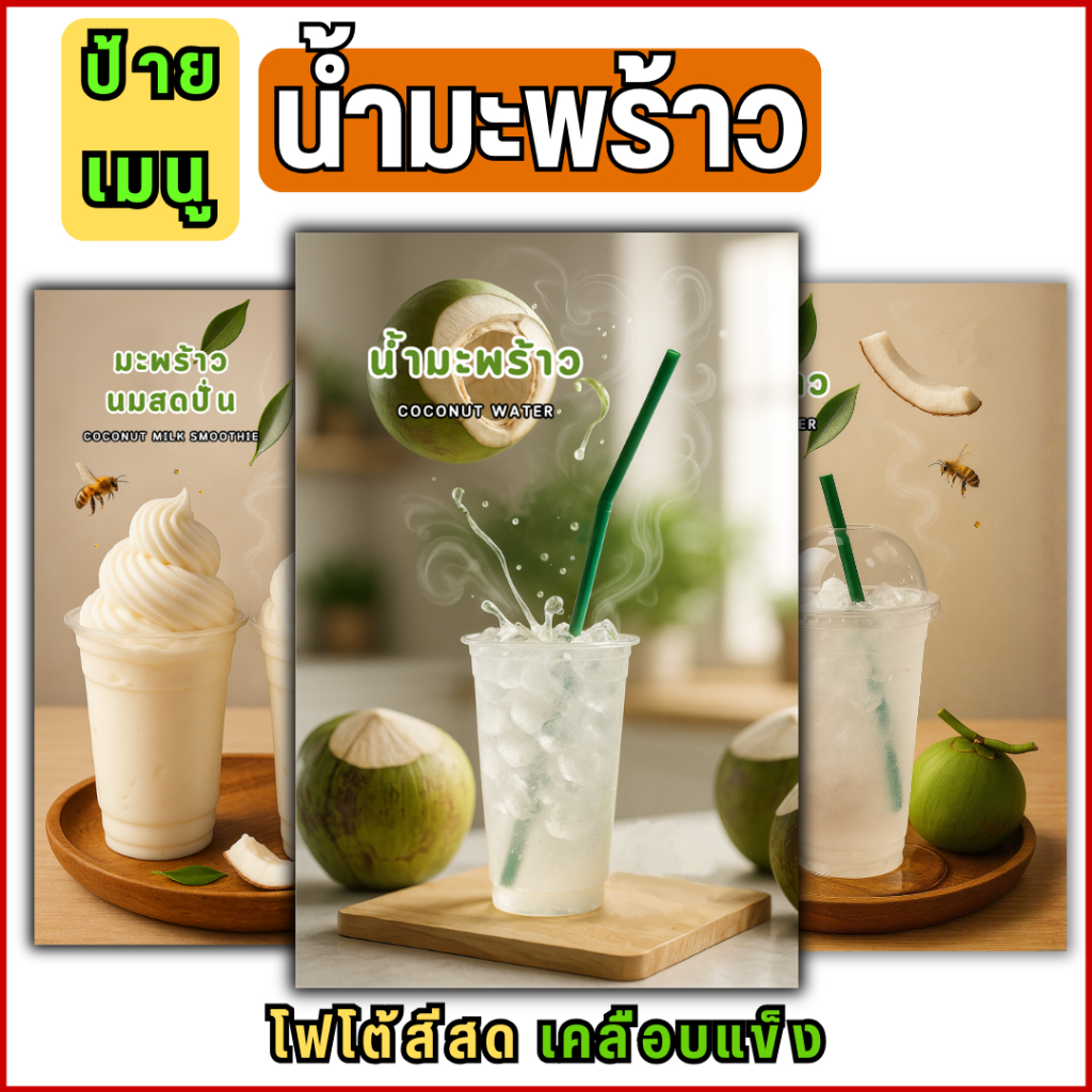 D024 ป้ายเมนูน้ำมะพร้าว ภาพเมนูน้ำมะพร้าว เมนูเครื่องดื่ม รับออกแบบเมนู