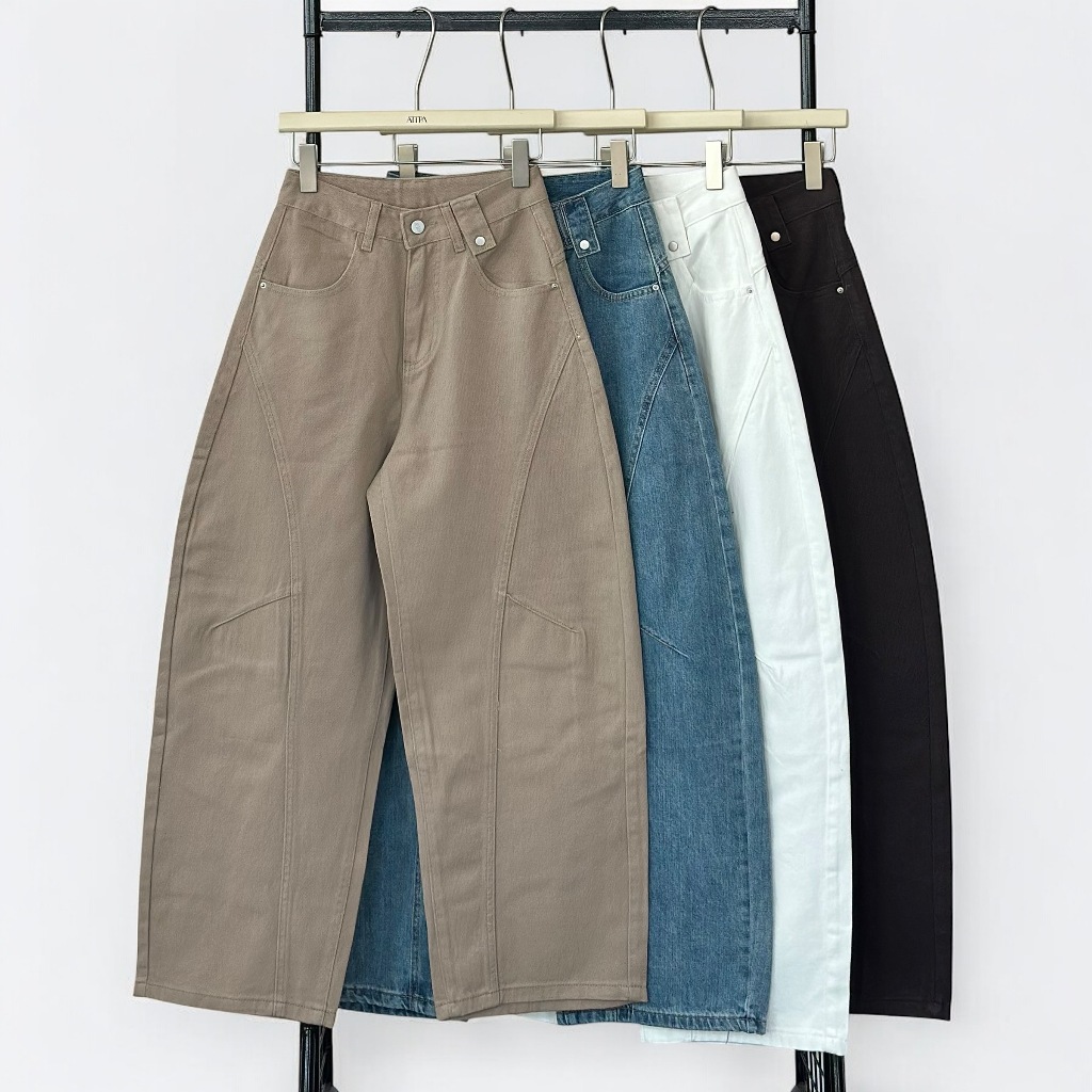 Atipashop - CURVEPANEL WIDE PANTS กางเกงยีนส์ ขายาว ทรงบาร์เรียล สีพื้น ทรงสวย