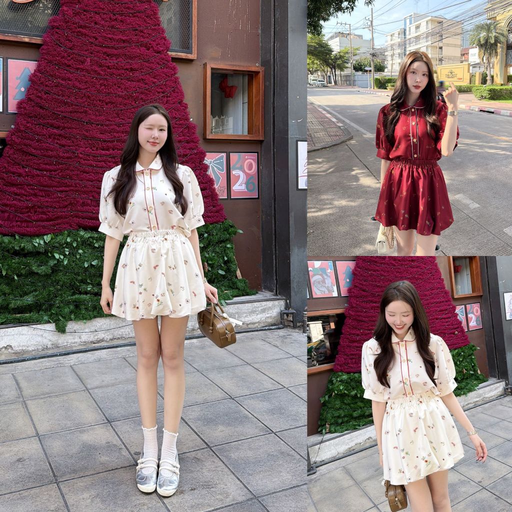 ส่งด่วน🚨 ครีม/แดง SLYQ SECRET GARDEN BLOUSE & BALLOON SKIRT SET ชุดเซ็ตเสื้อเชิ้ตแขนตุ๊กตาและกระโปรง