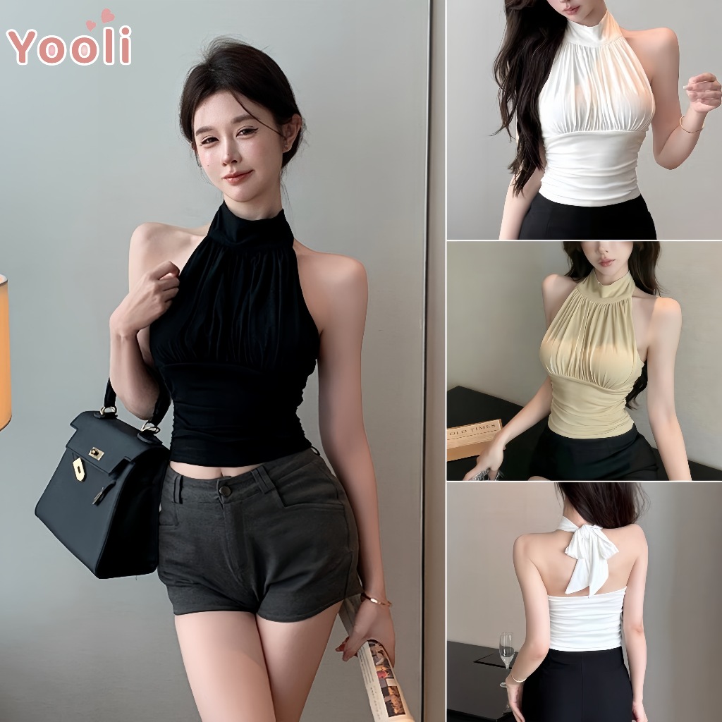 【เสื้อคล้องคอ】 เสริมฟองน้ำในตัว ดีไซน์จีบ ยืดพอตัว สไตล์เกาหลีเรียบง่าย เสื้อ ของขวัญปีใหม่ เสื้อผ้าผู้หญิง