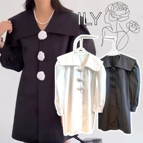[ILY] เดรสสไตล์เกาหลีแขนยาวจับจีบ ติดดอกคามิเลีย