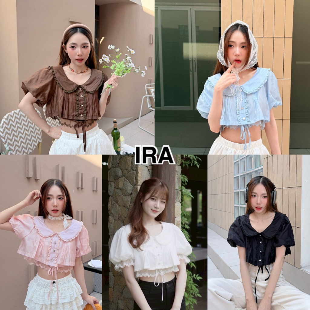 BY IRA (00016)Lokasunder Top เสื้อครอปแขนตุ๊กตา ครอปลูกไม้ คอบัว แต่งดกระดุมน่ารักๆ ชายเสื้อแต่งลูกไ