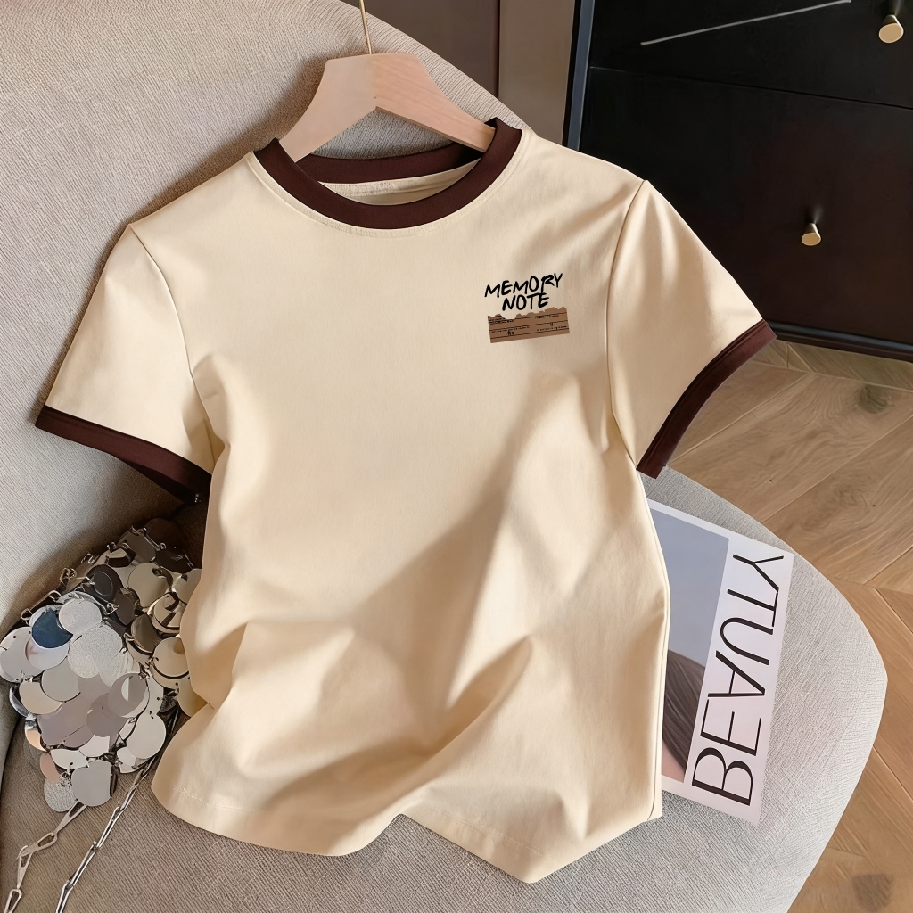 เสื้อสีดำ เสื้อยืดสีดำ，เสื้อเชิ้ตสตรี, ไอเทมแฟชั่นฤดูร้อน, แขนเสื้อสีตัดกัน, M-3XL, มีหลายสีให้เลือก