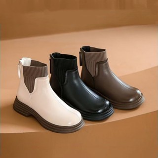 รองเท้าบู๊ตสำหรับเท้าส้นสูงสไตล์อังกฤษ ซิปหลัง รองเท้าบู๊ตสั…