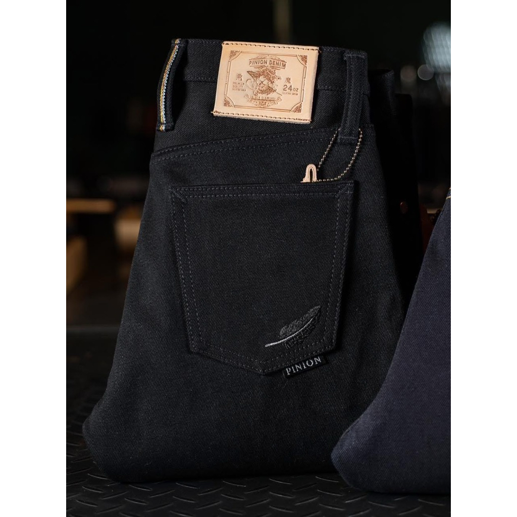 Pinion Denim 24oz BY Okayama Denim SUPER. BLACK X SLUB SUPER. BLACK 24oz มีกะบอกเล็กslim,กะบอกตรงstr