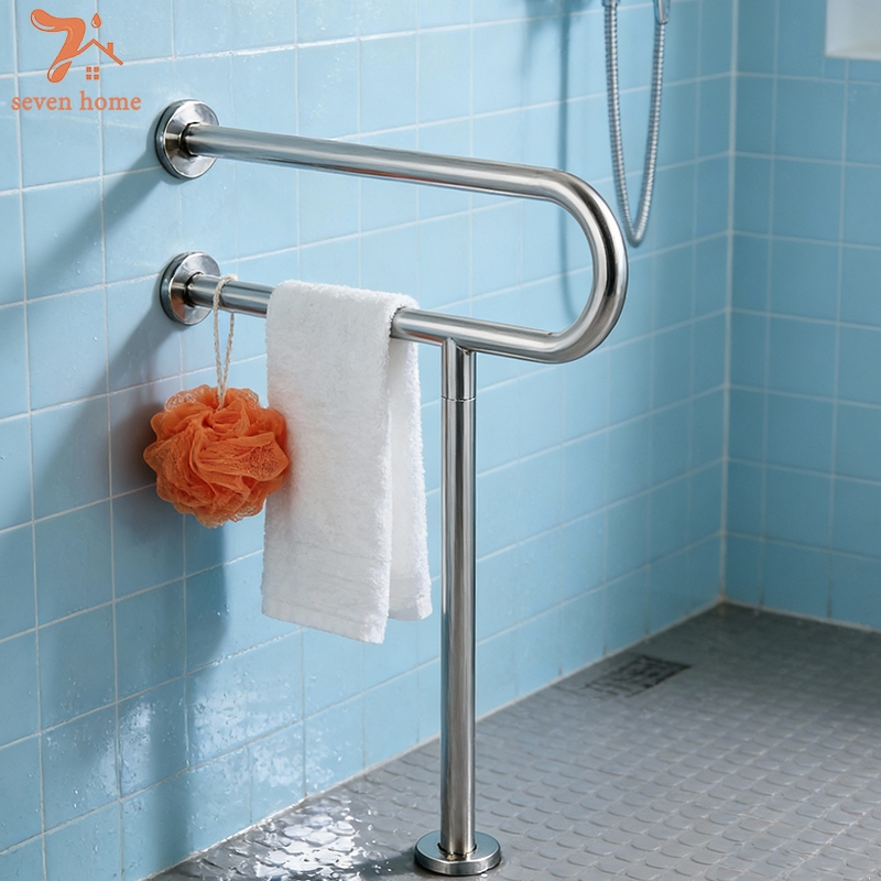 ราวจับสแตนเลส  สีเงิน+ฐานกลม (สำหรับห้องน้ำ/ผู้สูงอายุ) กันล้ม ติดตั้งง่าย 304 สแตนเลส