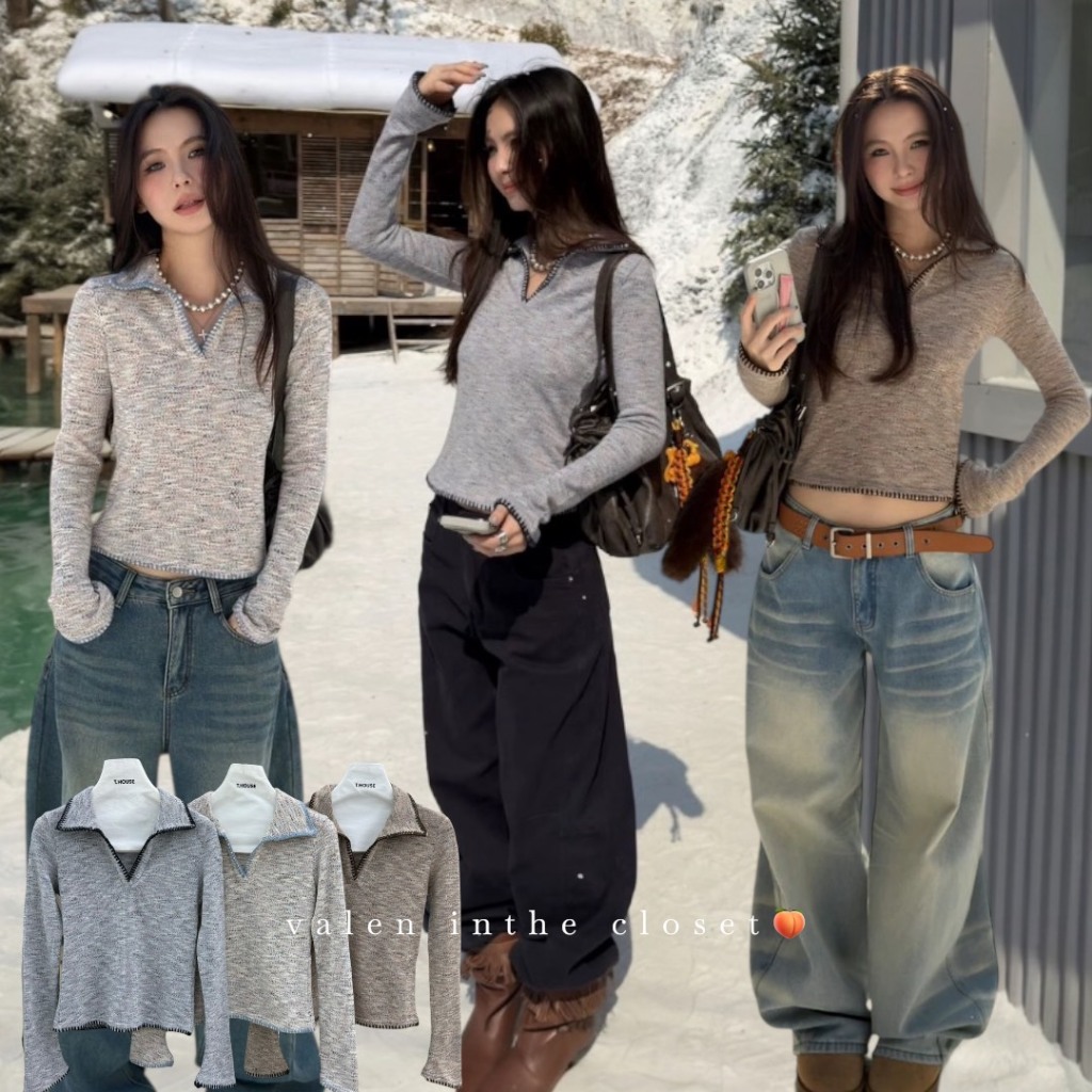 ส่งด่วน 🛵 25T667 MMFISH 𝗔𝗩𝗔 𝗦𝗢𝗙𝗧 𝗣𝗢𝗟𝗢 𝗞𝗡𝗜𝗧 𝗧𝗢𝗣 เสื้อแขนยาวคอปกผ้านิต ทรงเรียบแต่เย็บขอบเก๋