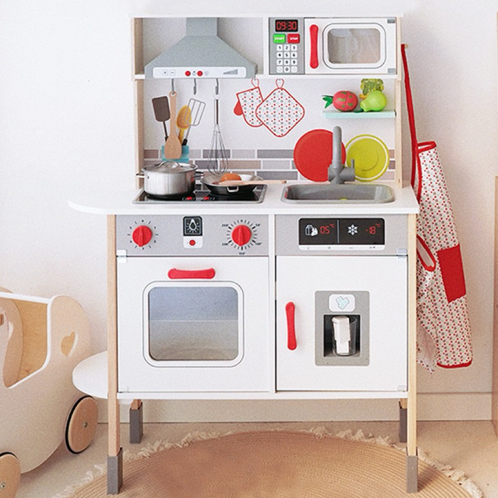 พร้อมส่ง PlayTive Junior Kitchen Wooden Toy ครัวไม้เทาแดง ของเล่นบทบาทสมมติ ของขวัญเด็ก ของเล่นไม้ ค