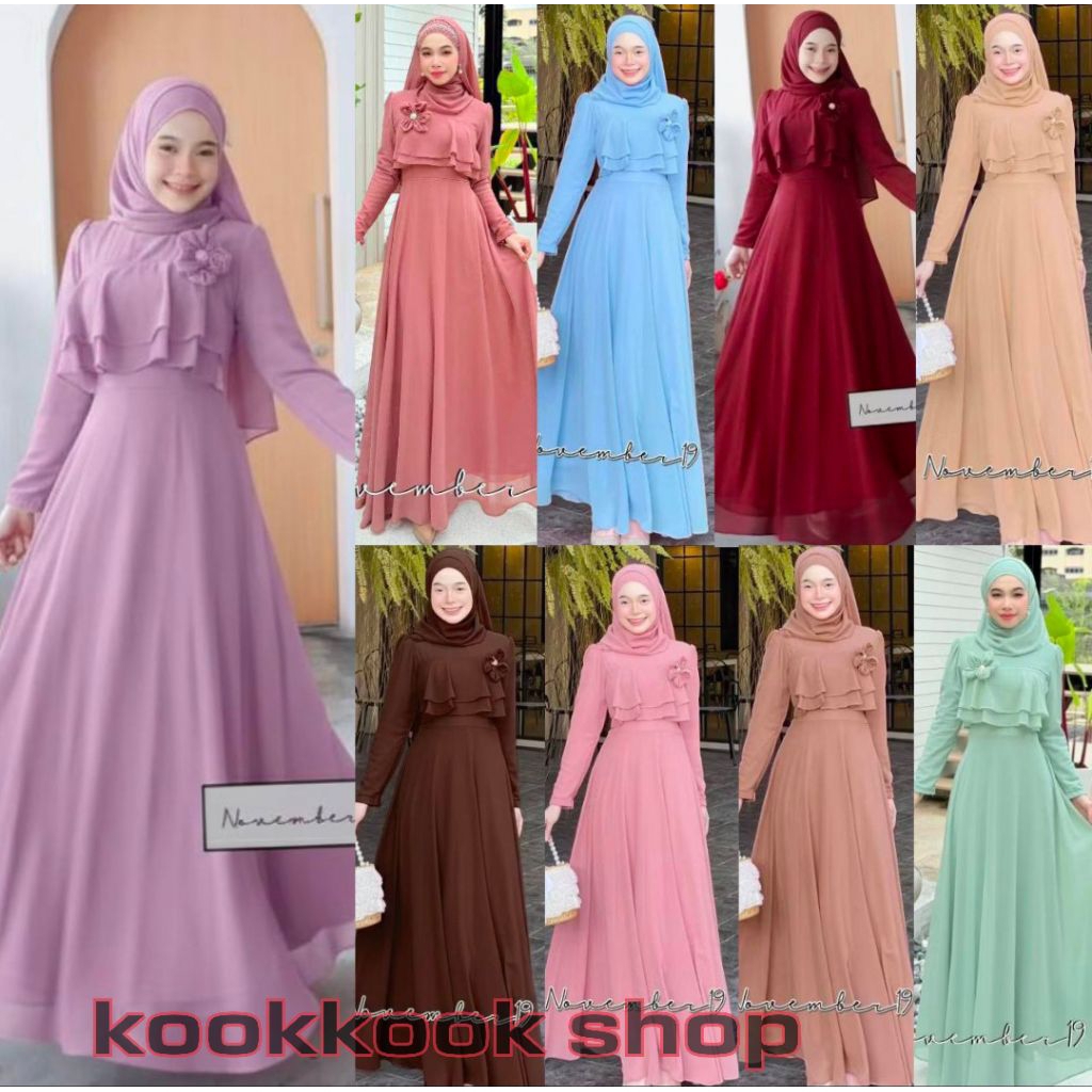 ส่งฟรี+โค้ดลดสุดคุ้ม✅✅(แถมฟรี!เข็มกลัดดอกไม้ /โบว์ )มีอก34-48 ชุดเดรสอิสลาม ชุดเดรสมุสลิม ซันนี่ ชีฟอง