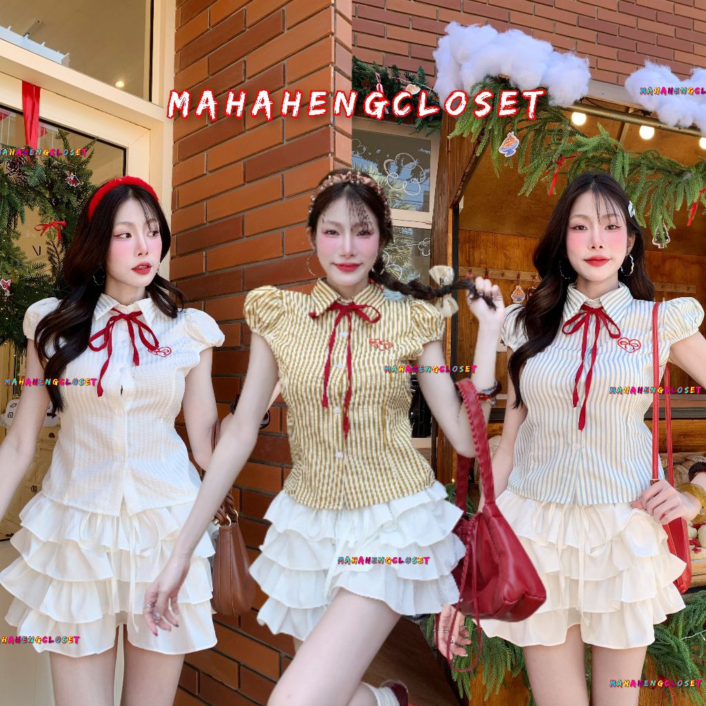 💰MahahengCloset💰เสื้อคอปกแขนตุ๊กตาลายริ้วสุดคิ้วท์ สไตล์สาวหวาน งานฮิตใส่แล้วดูละมุน ผ้านิ่มใส่สบาย