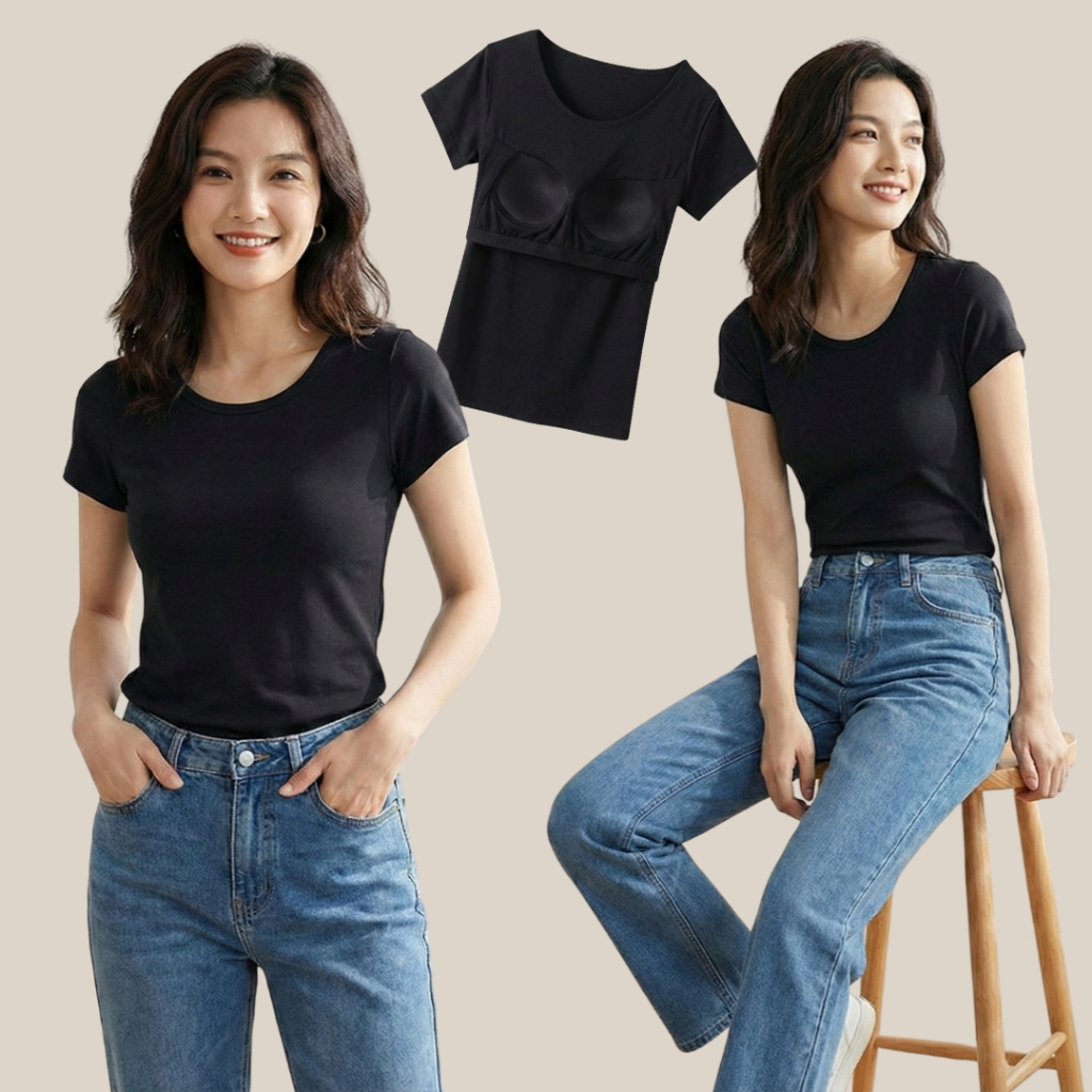 WsimpleBra | Melody Top Shirt เสื้อยืด คอกลม แขนสั้น มีบราในตัว เลิกใส่ชุดชั้นในและซิลิโคลปิดจุก