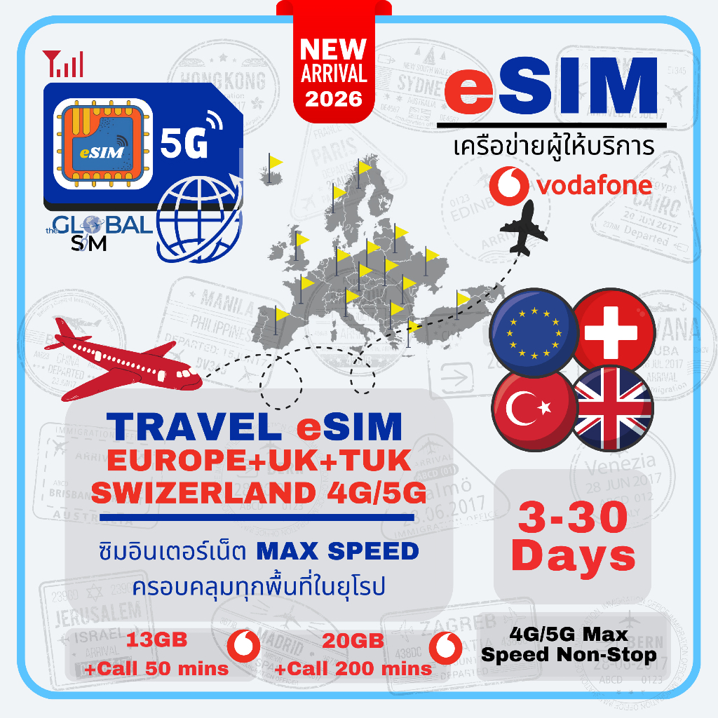 【The Global SIM】 Europe ซิมยุโรป Vodafone | Orange 4G/5G Max speed non-stop + Call