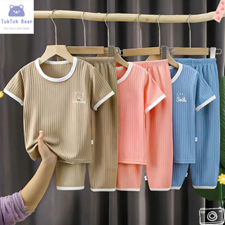 ชุดลำลองเด็ก ชุดนอนเด็ก ใส่บ้าน สีพื้น แต่งลายน่ารัก คอกลม เ…