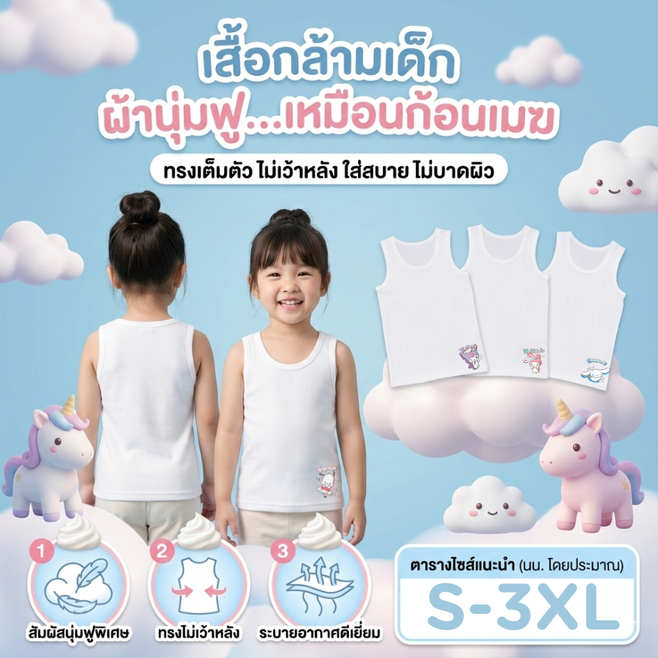 เสื้อซับในเด็ก เสื้อกล้ามเด็กลาย ซานริโอ้2025 คุโรมิ มายเมโลดี้ ชินนาม่อนโรล นุ่มระบายอากาศได้ดี ไซส์ 1-11ปี