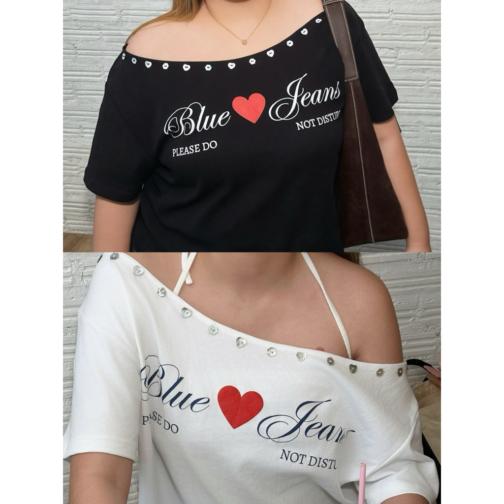 Joliese | blue jeans off-shoulder top เสื้อปาดไหล่สาวอวบ