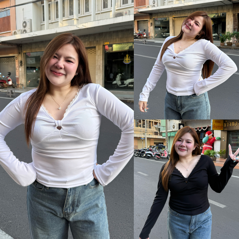 🌈SpinnyHouse🌈เสื้อแขนยาว เสื้อสาวอวบ แต่งลูกไม้ช่วงขอบ มัดโบว์ช่วงอก สาวอวบใส่ได้ ผ้าร่องยืด มีไซส์ M XL รุ่น ยัยนิด