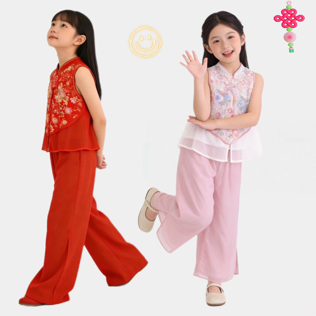 C06 ชุดจีนเด็กหญิงสไตล์กี่เพ้า เสื้อแขนกุดปักลายดอกไม้ พร้อมกางเกงขายาว ผ้าซีทรูนุ่ม ใส่ออกงาน ตรุษจีน
