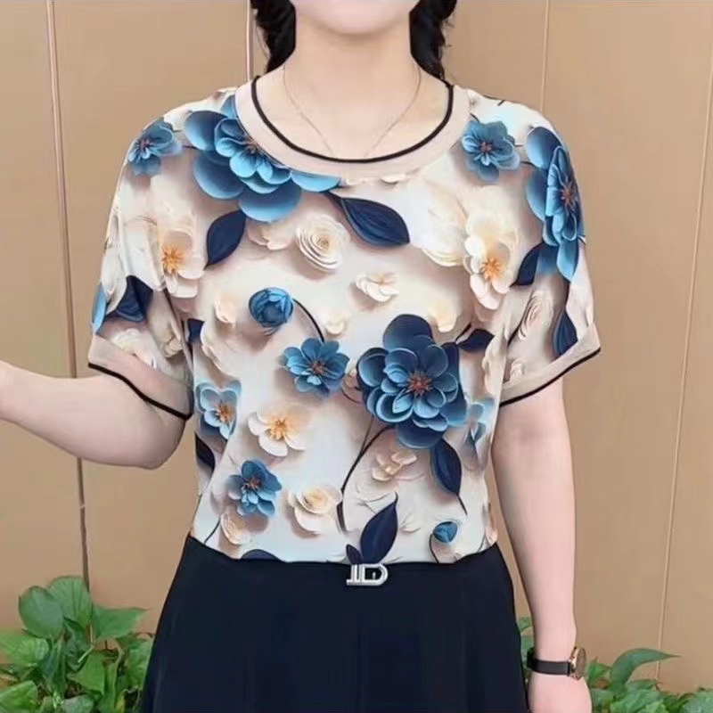 ฤดูร้อนใหม่แม่แขนสั้นเสื้อยืดผู้หญิงวัยกลางคนและผู้สูงอายุลดอายุและทำให้ดูผอมเสื้อผ้าผู้หญิงสวยระดับไฮเอนด์ที่ทันสมัย