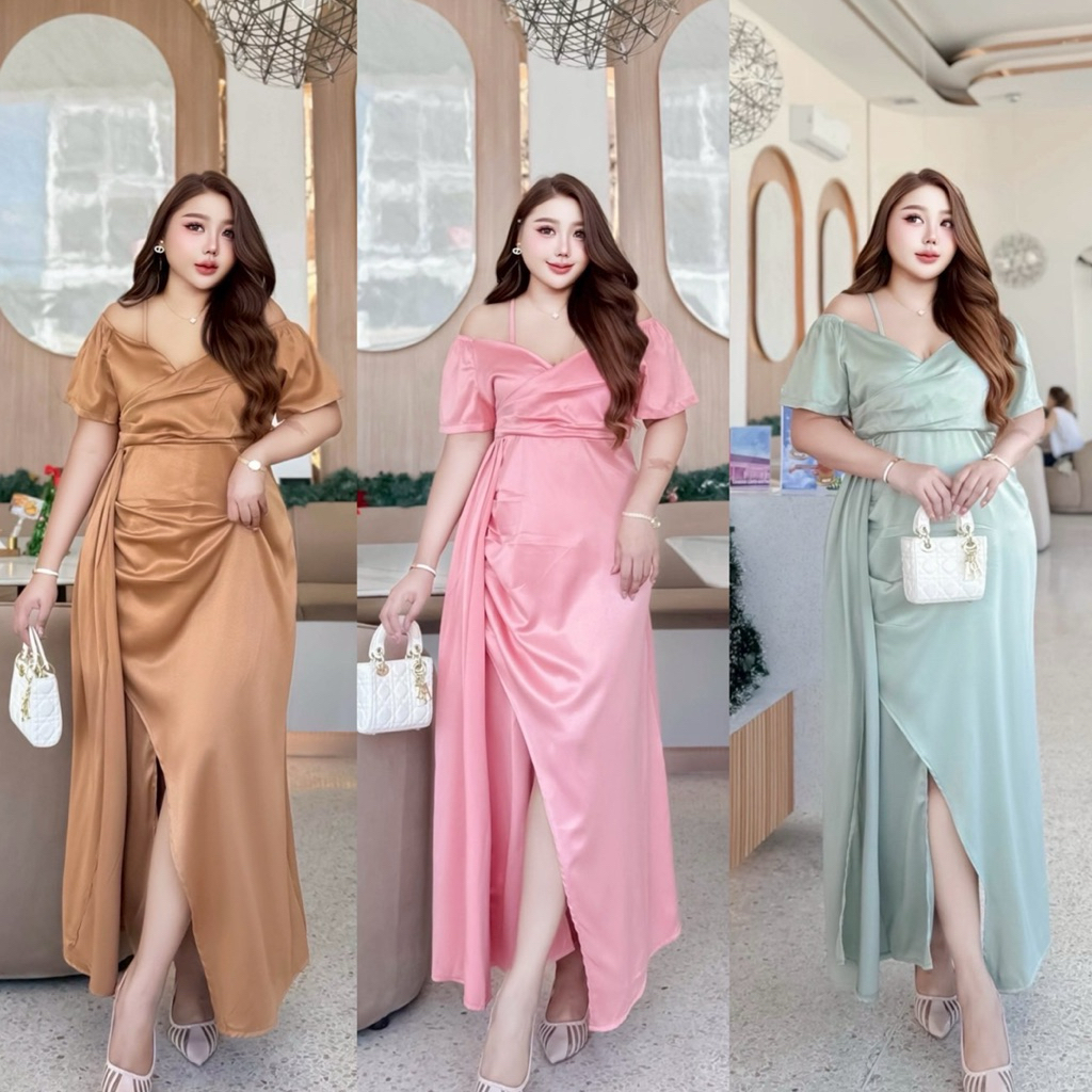 n แม็กซี่เดรส ผ้าซาร่า ทรงสายเดี่ยวไขว้อกปาดไหล่ แขนสั้น ต่อกระโปรงยาวมีระบายด้านข้าง ซิปหลัง