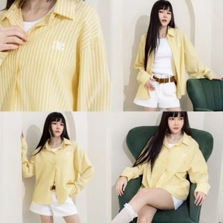 Candy Shirt เสื้อเชิ้ตงานปัก (ผ้าคอตตอนเชิ้ต) ลายริ้ว เสื้อเชิ้ตทรง Oversize สาวอวบใส่ได้ AOMMKOSHOP - S68 Women