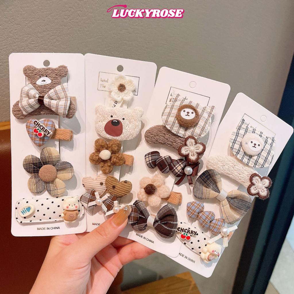 LUCKYROSE กิ๊บหนีบผม สำหรับหน้าม้าผู้หญิง สไตล์เกาหลี สีน้ำตาลลายหมีน่ารัก
