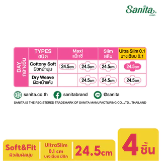 Sanita / แซนนิต้า ซอฟท์ แอนด์ ฟิต ผิวสัมผัสนุ่ม อัลตร้าสลิม บาง0.1 มีปีก ยาว24.5ซม. 4ชิ้น/ห่อ