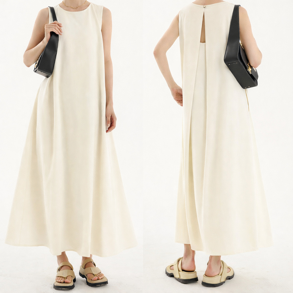 [W0358] เดรสกระโปรงยาว แขนกุด ดีเทลเว้าหลัง มีกระดุม ทรงหลวมใส่สบาย สีพื้น สวยเรียบเบสิค สไตล์เกาหลี - รูปที่ 4