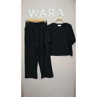 [ U43 ] WARA ชุดเซตคอกลมต่อขอบ + ขายาวกระเป๋าปะหน้า