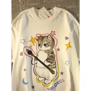 เสื้อยืดแขนสั้น สกรีนลายแมว สีขาว ES416-ES420